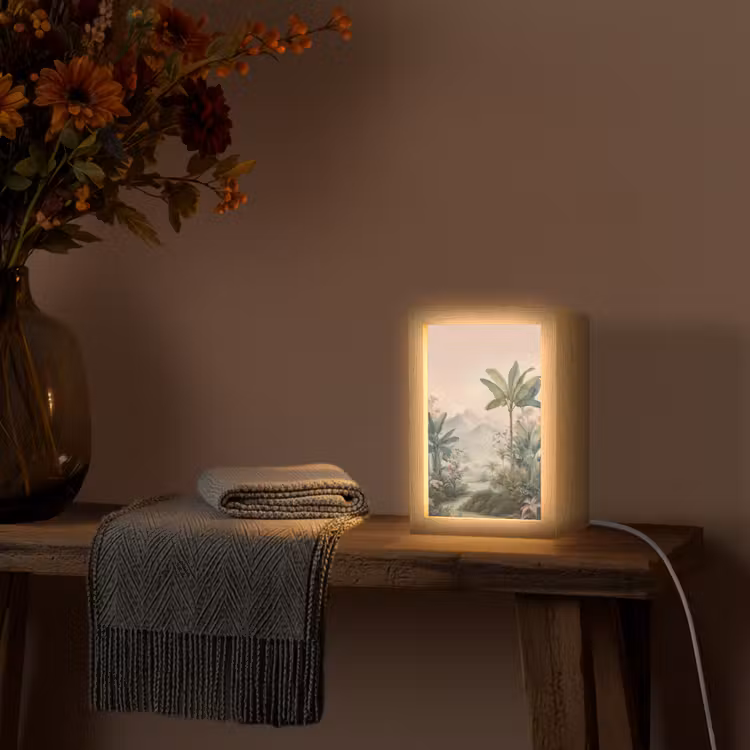 Tropisch landschap - palmbomen - Bloemen - Roze lucht Light Box met kabel (Tafellamp) klein -sfeer4