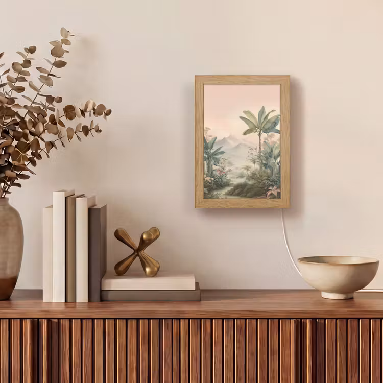 Tropisch landschap - palmbomen - Bloemen - Roze lucht Light Box met kabel (Tafellamp) klein -sfeer2