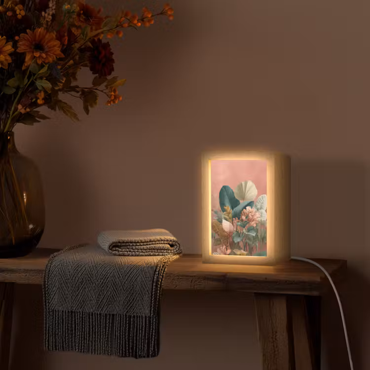 Tropische bladeren - Bloemen - Roze - groen Light Box met kabel (Tafellamp) klein -sfeer4