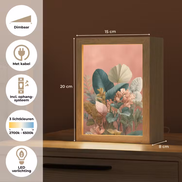 Tropische bladeren - Bloemen - Roze - groen Light Box met kabel (Tafellamp) klein -USP_NL
