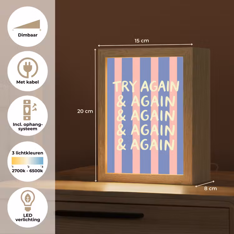 Try again - Strepen - Roze - Verticaal - Blauw Light Box met kabel (Tafellamp) klein -USP_NL