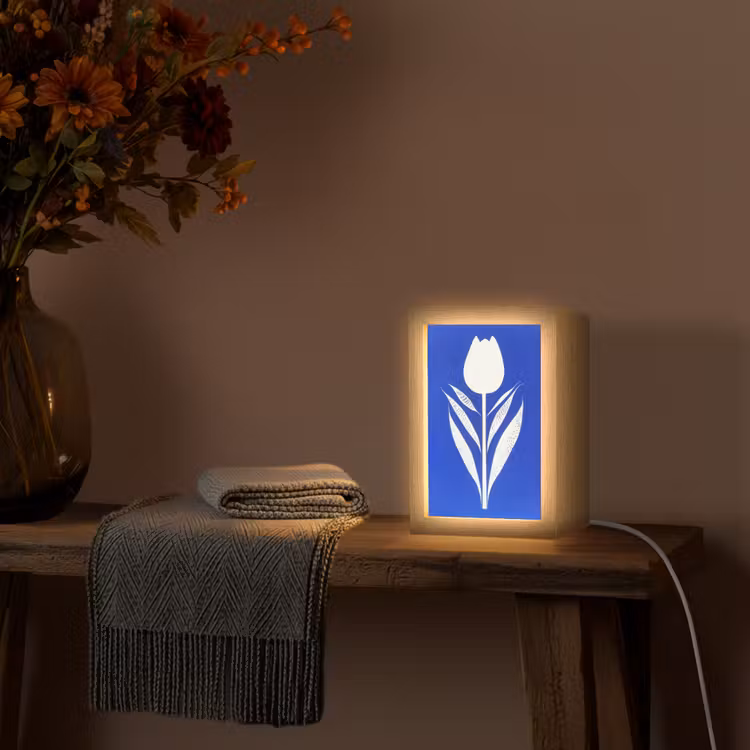 Tulp - Minimalistisch - Bladeren - Wit Light Box met kabel (Tafellamp) klein -sfeer4