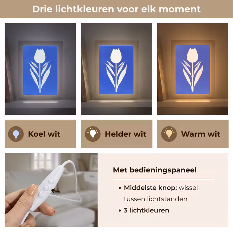 Tulp - Minimalistisch - Bladeren - Wit Light Box met kabel (Tafellamp) klein -USP_lichtkleurNL