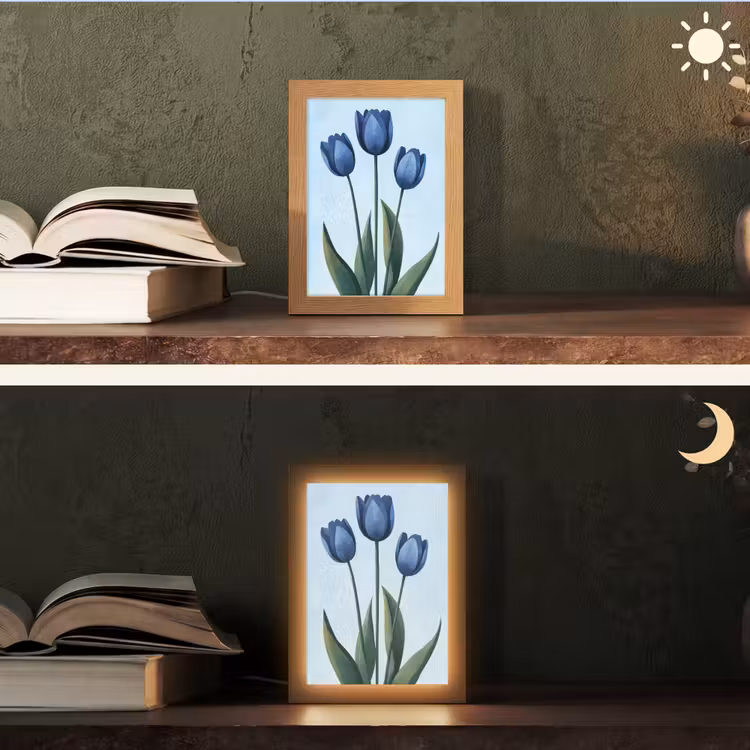 Tulpen - Blauw - Bladeren Light Box met kabel (Tafellamp) klein -sfeer3