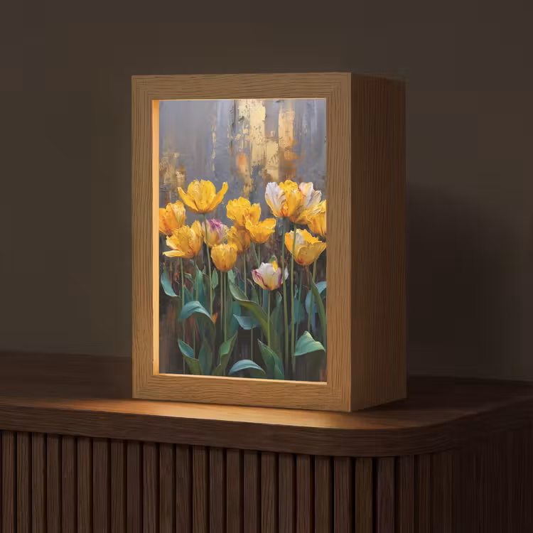 Tulpen - Geel - Penseelstreken - Abstract Light Box met kabel (Tafellamp) klein -z3d_website