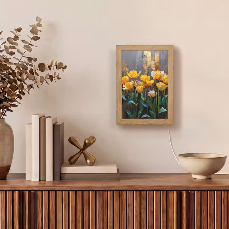 Tulpen - Geel - Penseelstreken - Abstract Light Box met kabel (Tafellamp) klein -sfeer2