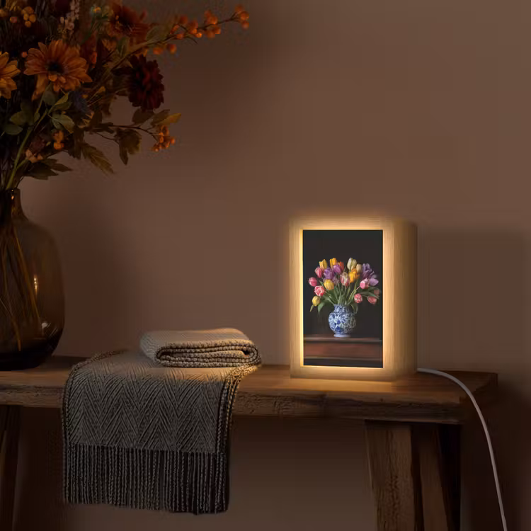 Tulpen - Kleuren - Hout - Vaas Light Box met kabel (Tafellamp) klein -sfeer4