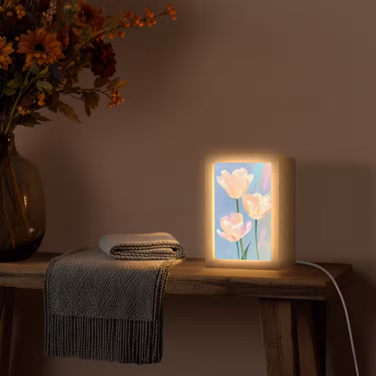 Tulpen - Roze accenten - Blauw Light Box met kabel (Tafellamp) klein -sfeer4