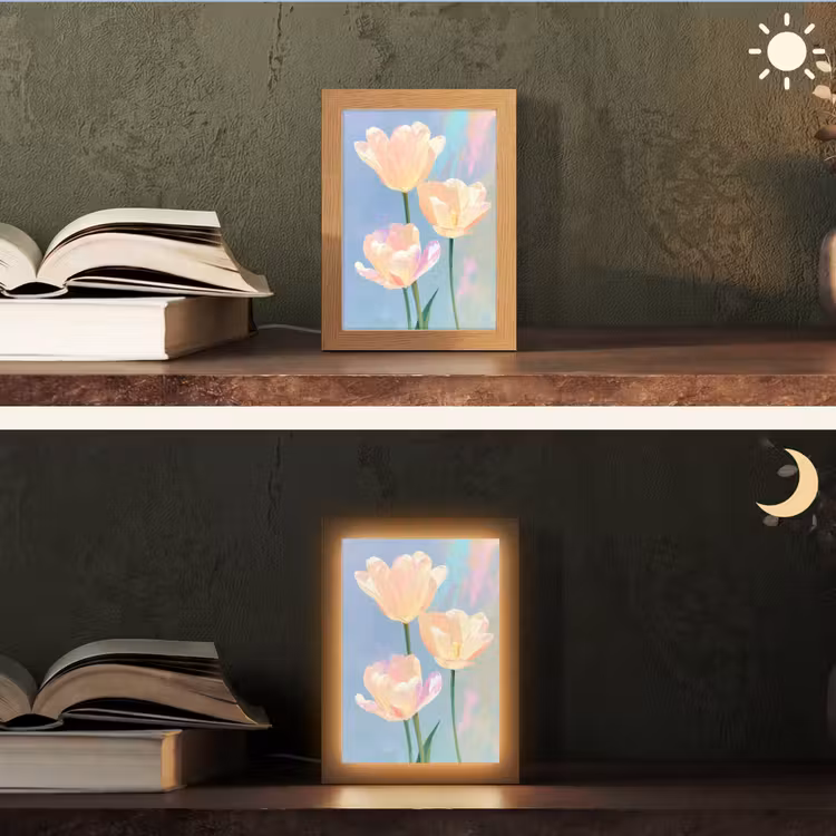 Tulpen - Roze accenten - Blauw Light Box met kabel (Tafellamp) klein -sfeer3