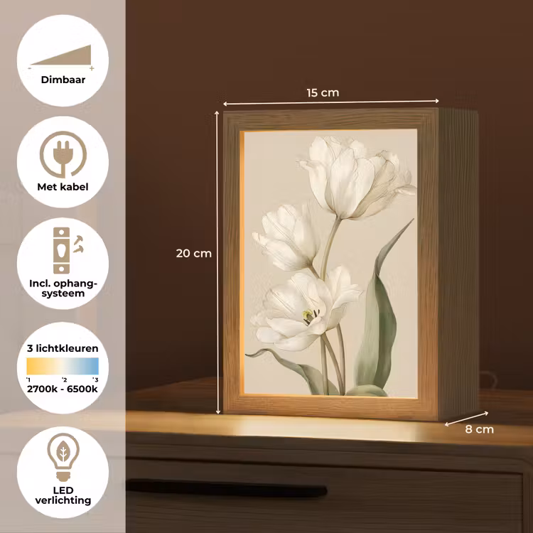 Tulpen - Wit - Bladeren Light Box met kabel (Tafellamp) klein -USP_NL