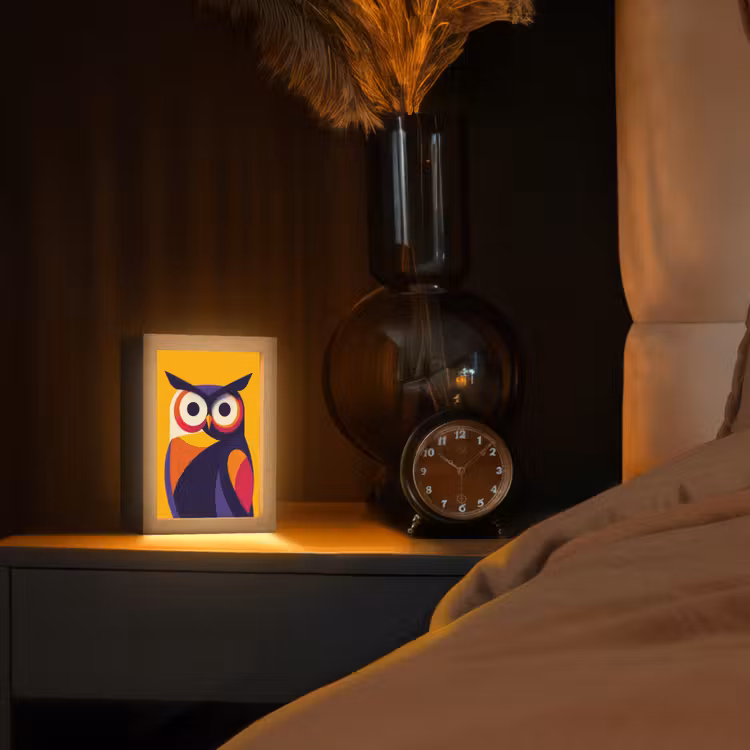 Uil - Grafisch - Kleurrijk - Ogen Light Box met kabel (Tafellamp) klein -sfeer1