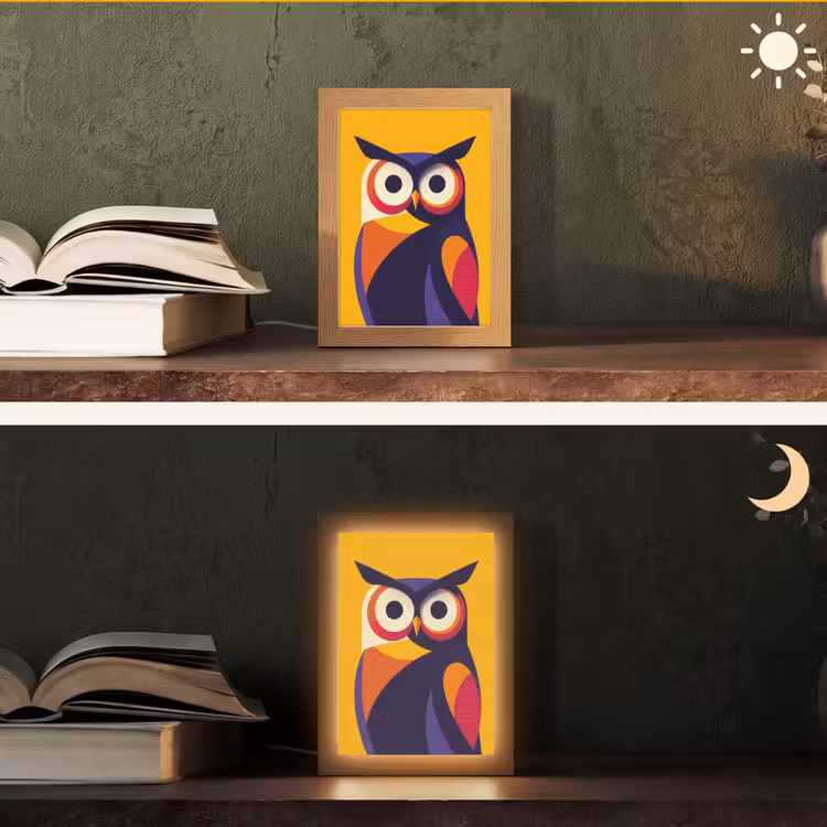 Uil - Grafisch - Kleurrijk - Ogen Light Box met kabel (Tafellamp) klein -sfeer3