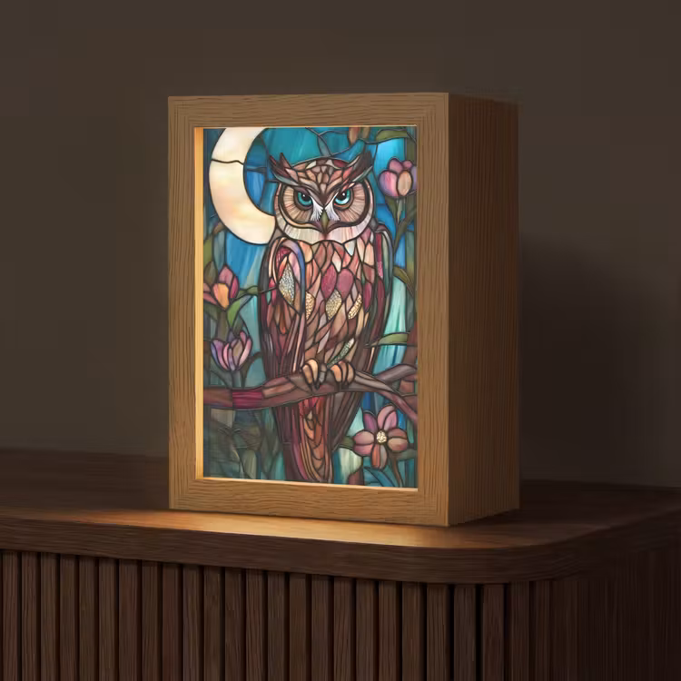 Uil - Mozaïek - Maan - Nacht Light Box met kabel (Tafellamp) klein -z3d_website