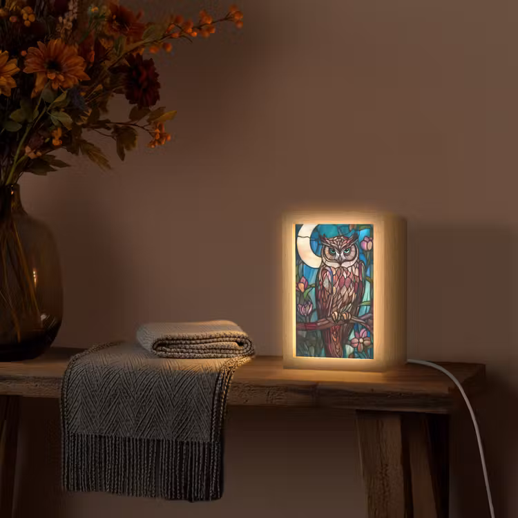 Uil - Mozaïek - Maan - Nacht Light Box met kabel (Tafellamp) klein -sfeer4