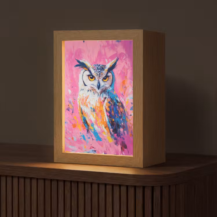 Uil - Roze - Blauw - Verf - Abstract Light Box met kabel (Tafellamp) klein -z3d_website