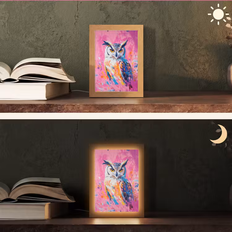 Uil - Roze - Blauw - Verf - Abstract Light Box met kabel (Tafellamp) klein -sfeer3