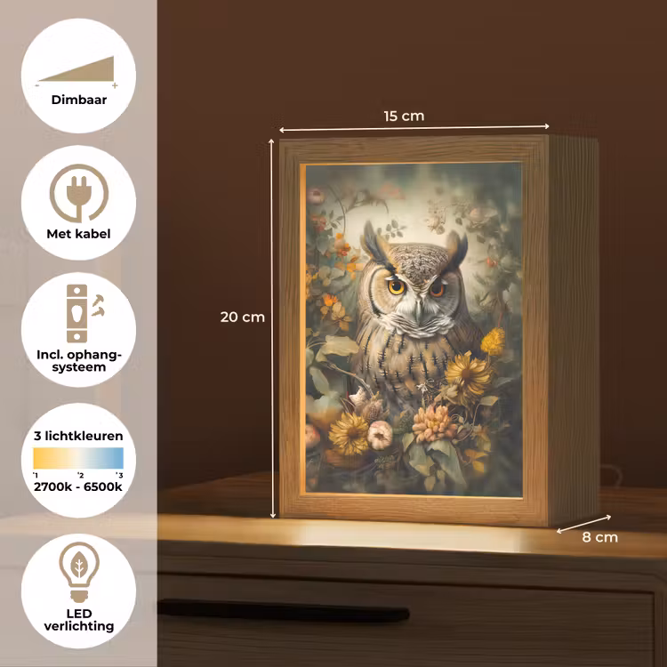 Uil - Vogels - Bloemen - Natuur Light Box met kabel (Tafellamp) klein -USP_NL