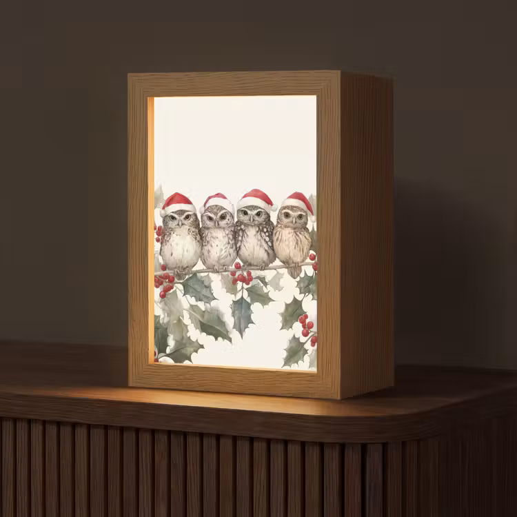 Uilen - Tak - Hulstblaadjes - Kerstmuts Light Box met kabel (Tafellamp) klein -z3d_website