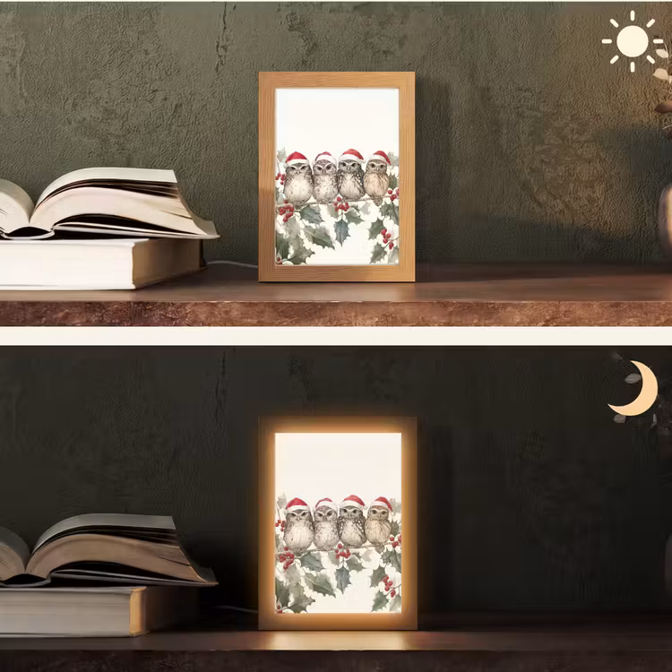 Uilen - Tak - Hulstblaadjes - Kerstmuts Light Box met kabel (Tafellamp) klein -sfeer3