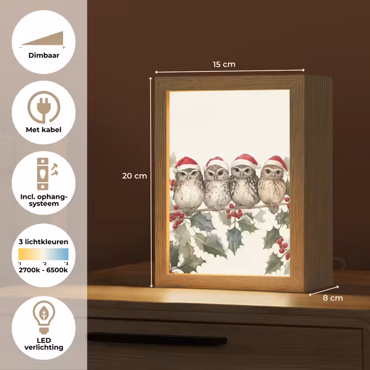 Uilen - Tak - Hulstblaadjes - Kerstmuts Light Box met kabel (Tafellamp) klein -USP_NL