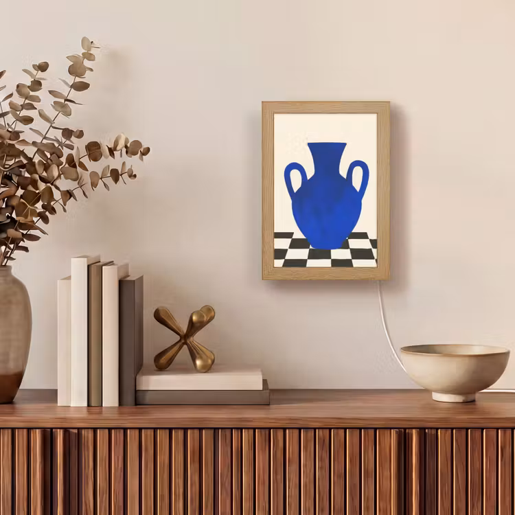 Vaas - Blauw - Geblokt - Modern Light Box met kabel (Tafellamp) klein -sfeer2