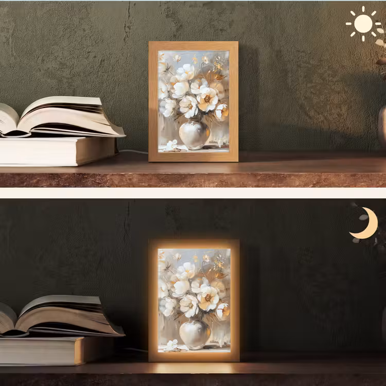Vaas - Bloemen - Kunst - Goud Light Box met kabel (Tafellamp) klein -sfeer3