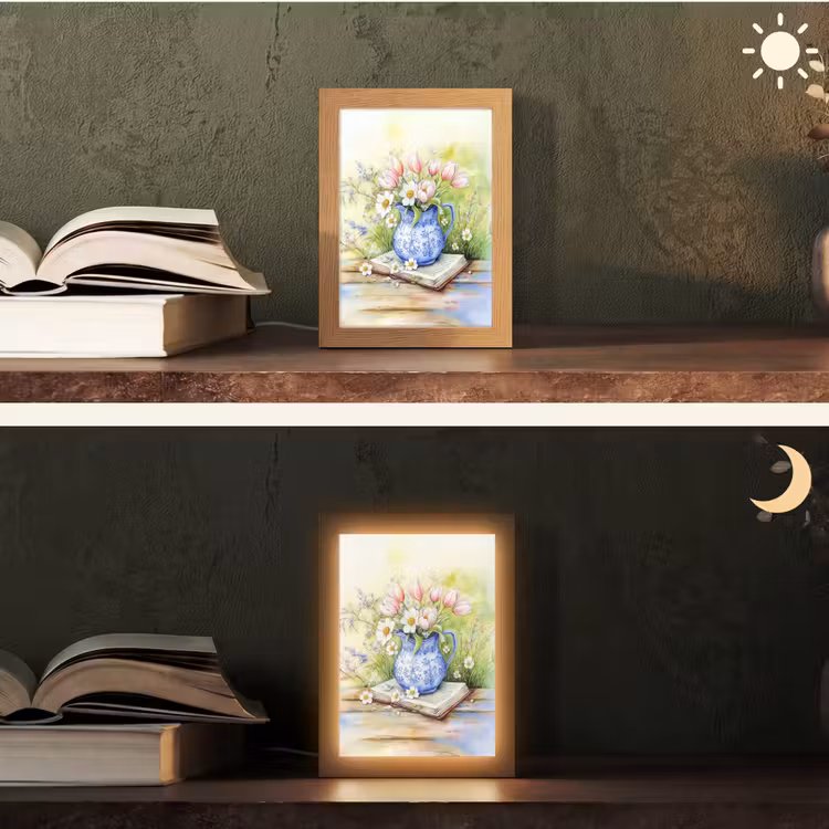 Vaas - Delftsblauw - Madeliefjes Light Box met kabel (Tafellamp) klein -sfeer3