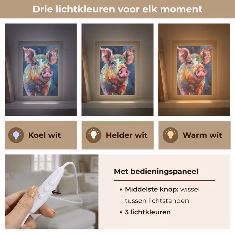 Varken - Olieverf - Dieren - Kunst Light Box met kabel (Tafellamp) klein -USP_lichtkleurNL