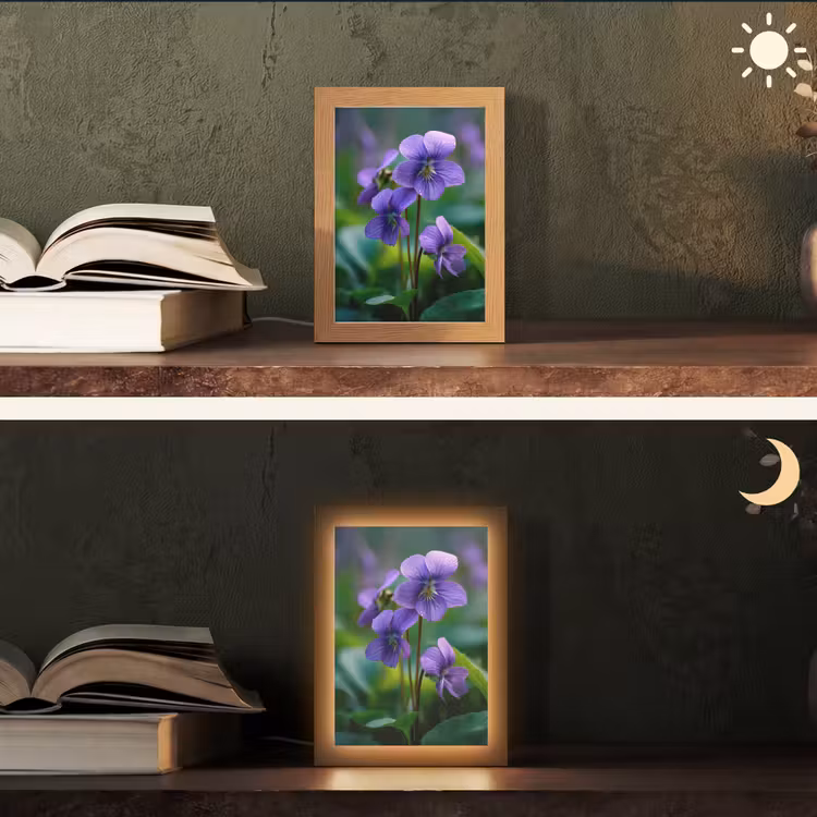 Viooltjes - Paars - Bloem - Bladeren Light Box met kabel (Tafellamp) klein -sfeer3