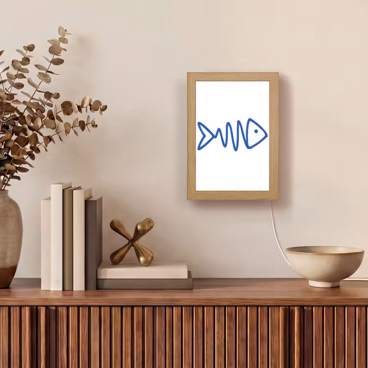 Vis - Minimalistisch - Blauw - Lijn Light Box met kabel (Tafellamp) klein -sfeer2
