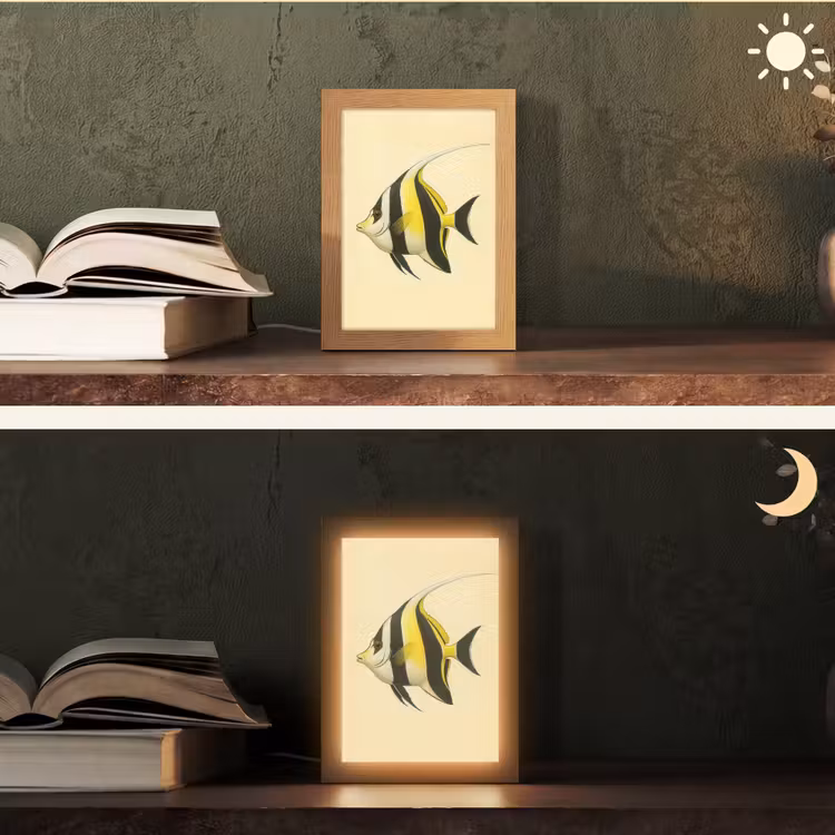Vis - Sierlijk - Rugvin - Geel Light Box met kabel (Tafellamp) klein -sfeer3