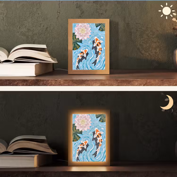 Vis - Water - Natuur - Mozaïek - Blauw Light Box met kabel (Tafellamp) klein -sfeer3