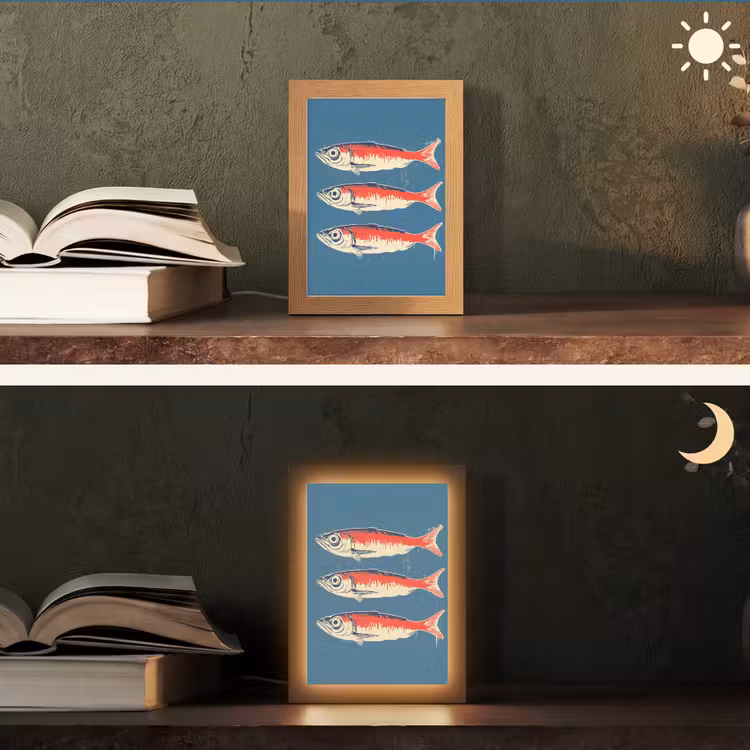 Vissen - Rood - Blauw Light Box met kabel (Tafellamp) klein -sfeer3
