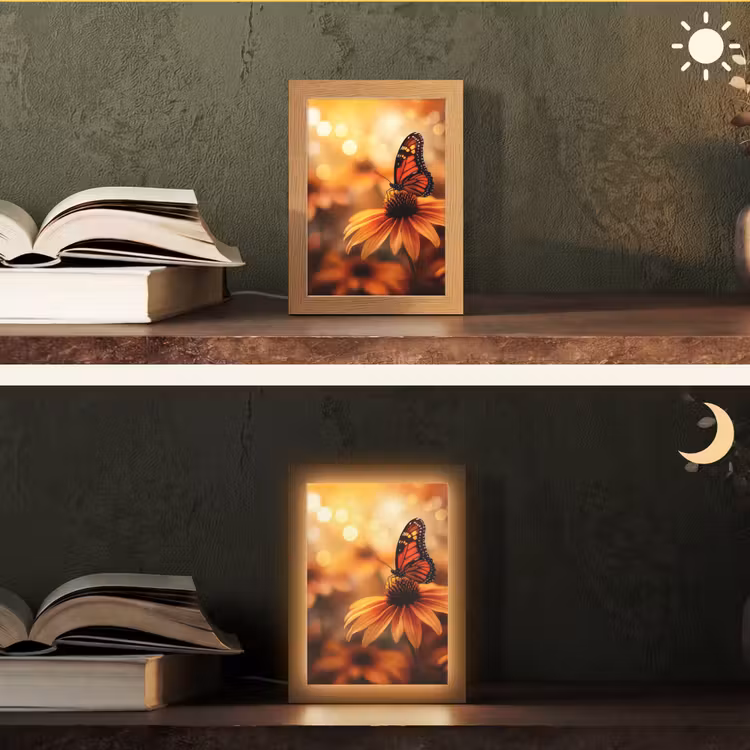 Vlinder - Bloemen - Oranje Light Box met kabel (Tafellamp) klein -sfeer3