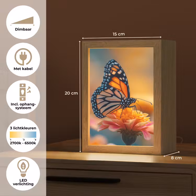 Vlinder - Dieren - Kleurrijk - Natuur - Bloemen Light Box met kabel (Tafellamp) klein -USP_NL