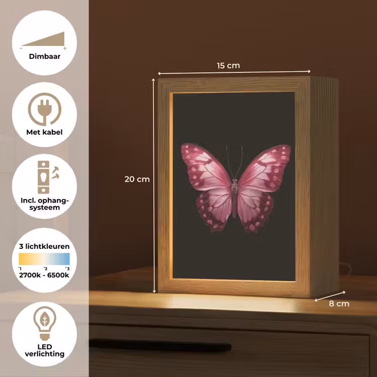Vlinder - Fuchsia - Grafisch Light Box met kabel (Tafellamp) klein -USP_NL