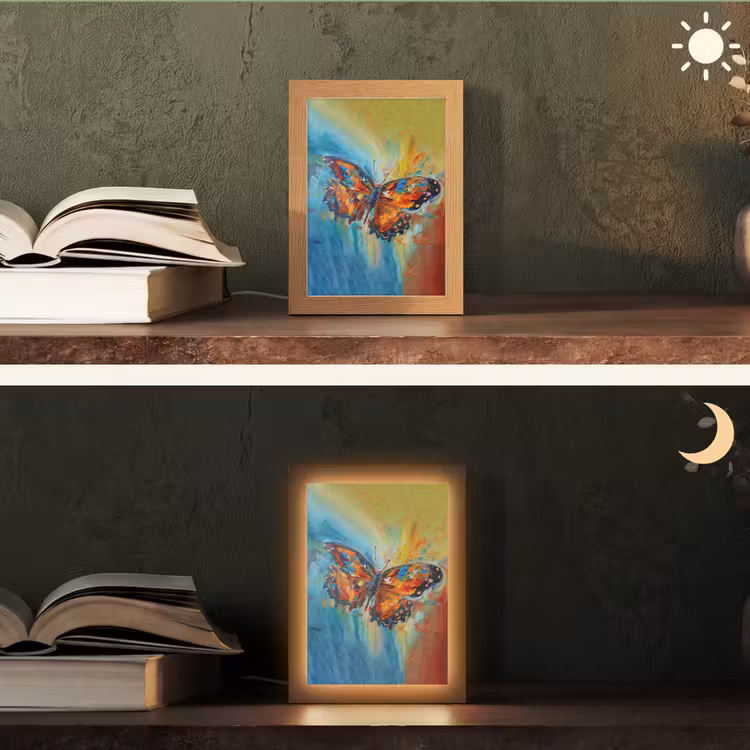 Vlinder - Kleuren - Kunst - Schilderij Light Box met kabel (Tafellamp) klein -sfeer3