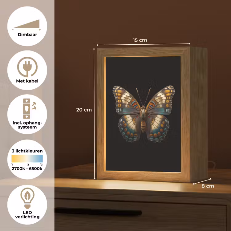 Vlinder - Kleurrijk - mozaïekachtig Light Box met kabel (Tafellamp) klein -USP_NL