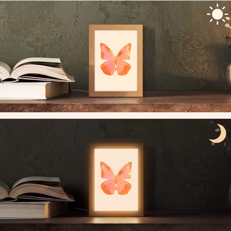 Vlinder - Minimalistisch - Roze Light Box met kabel (Tafellamp) klein -sfeer3