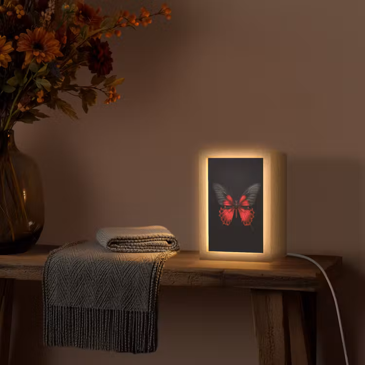 Vlinder - Rood - Contrast Light Box met kabel (Tafellamp) klein -sfeer4