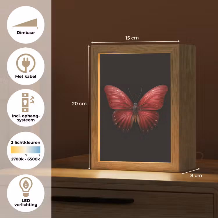 Vlinder - Rood - Minimalistisch Light Box met kabel (Tafellamp) klein -USP_NL