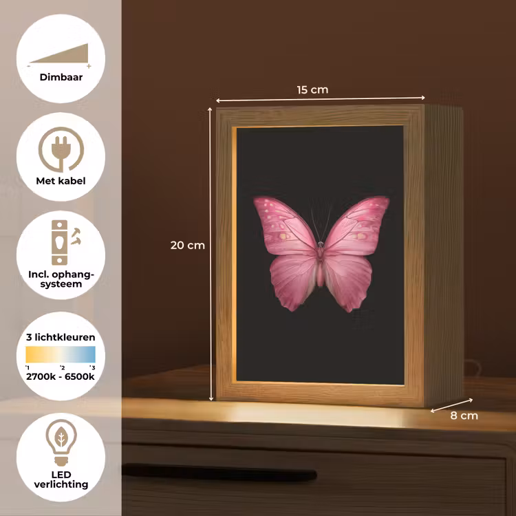 Vlinder - roze - Elegant Light Box met kabel (Tafellamp) klein -USP_NL