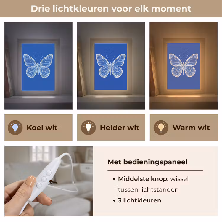 Vlinder - Wit - Getekend - Stippen Light Box met kabel (Tafellamp) klein -USP_lichtkleurNL