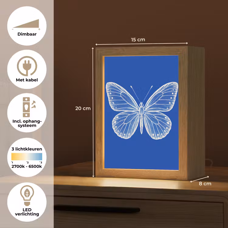 Vlinder - Wit - Getekend - Stippen Light Box met kabel (Tafellamp) klein -USP_NL