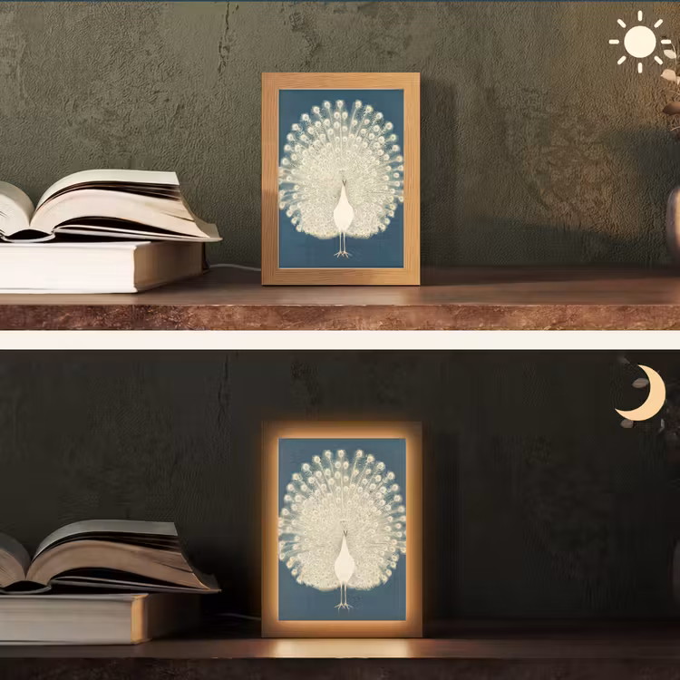 Vogel - Blauw - Vintage Light Box met kabel (Tafellamp) klein -sfeer3
