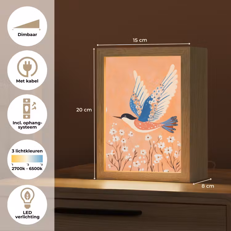 Vogel - Bloesemtakken - Warm - Kleurrijk Light Box met kabel (Tafellamp) klein -USP_NL
