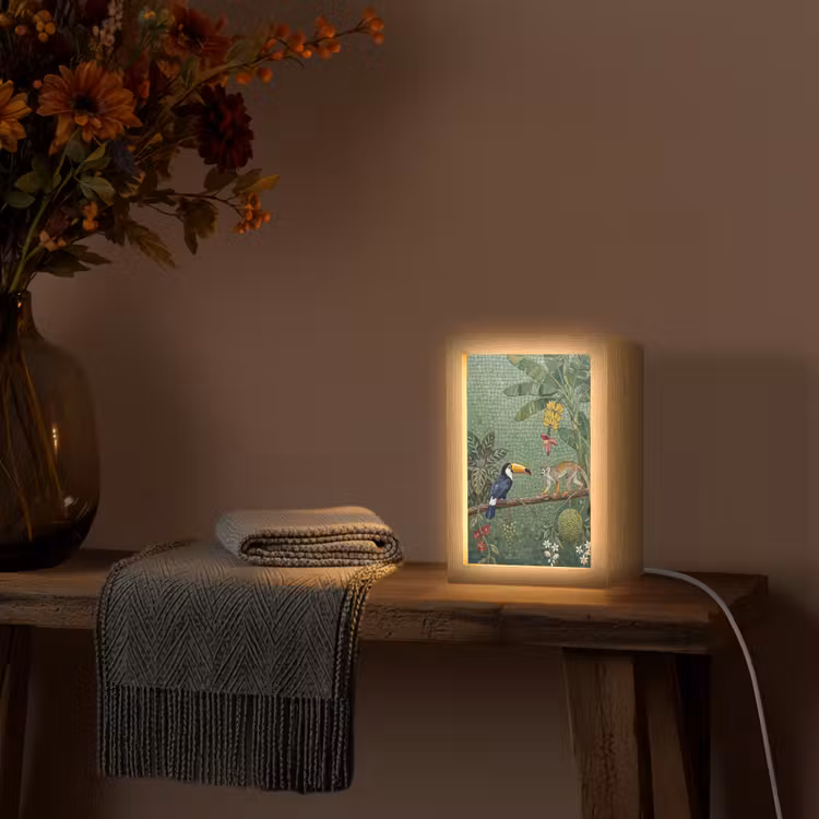 Vogel - Dier - Jungle - Mozaïek - Natuur Light Box met kabel (Tafellamp) klein -sfeer4