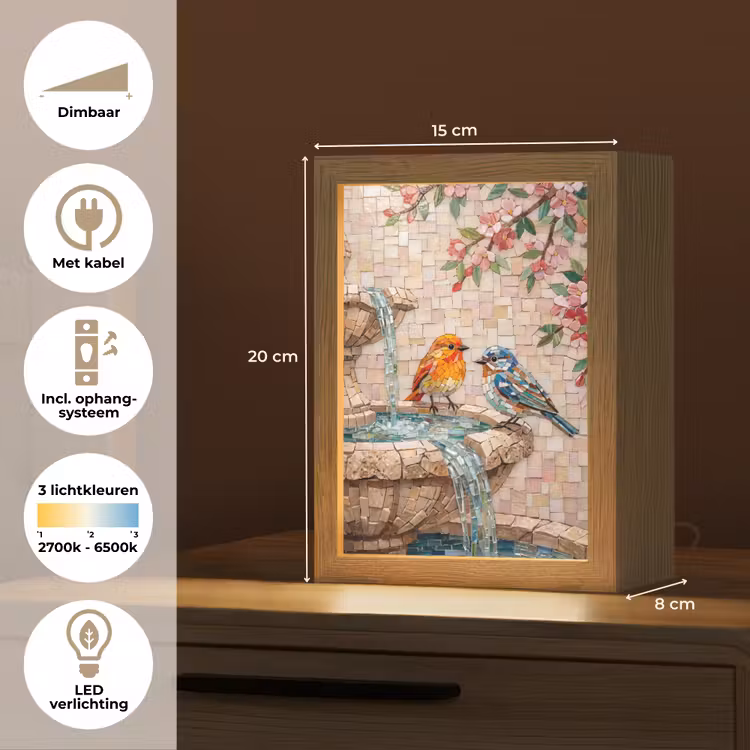 Vogel - fontein - mozaiek - kleurrijk - dieren Light Box met kabel (Tafellamp) klein -USP_NL