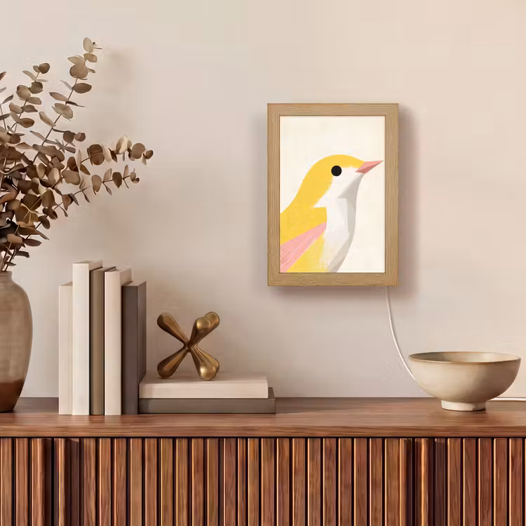 Vogel - Minimalistisch - Geel Light Box met kabel (Tafellamp) klein -sfeer2