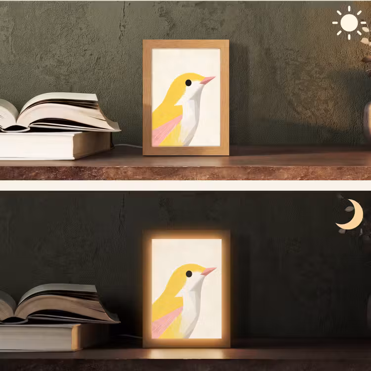 Vogel - Minimalistisch - Geel Light Box met kabel (Tafellamp) klein -sfeer3